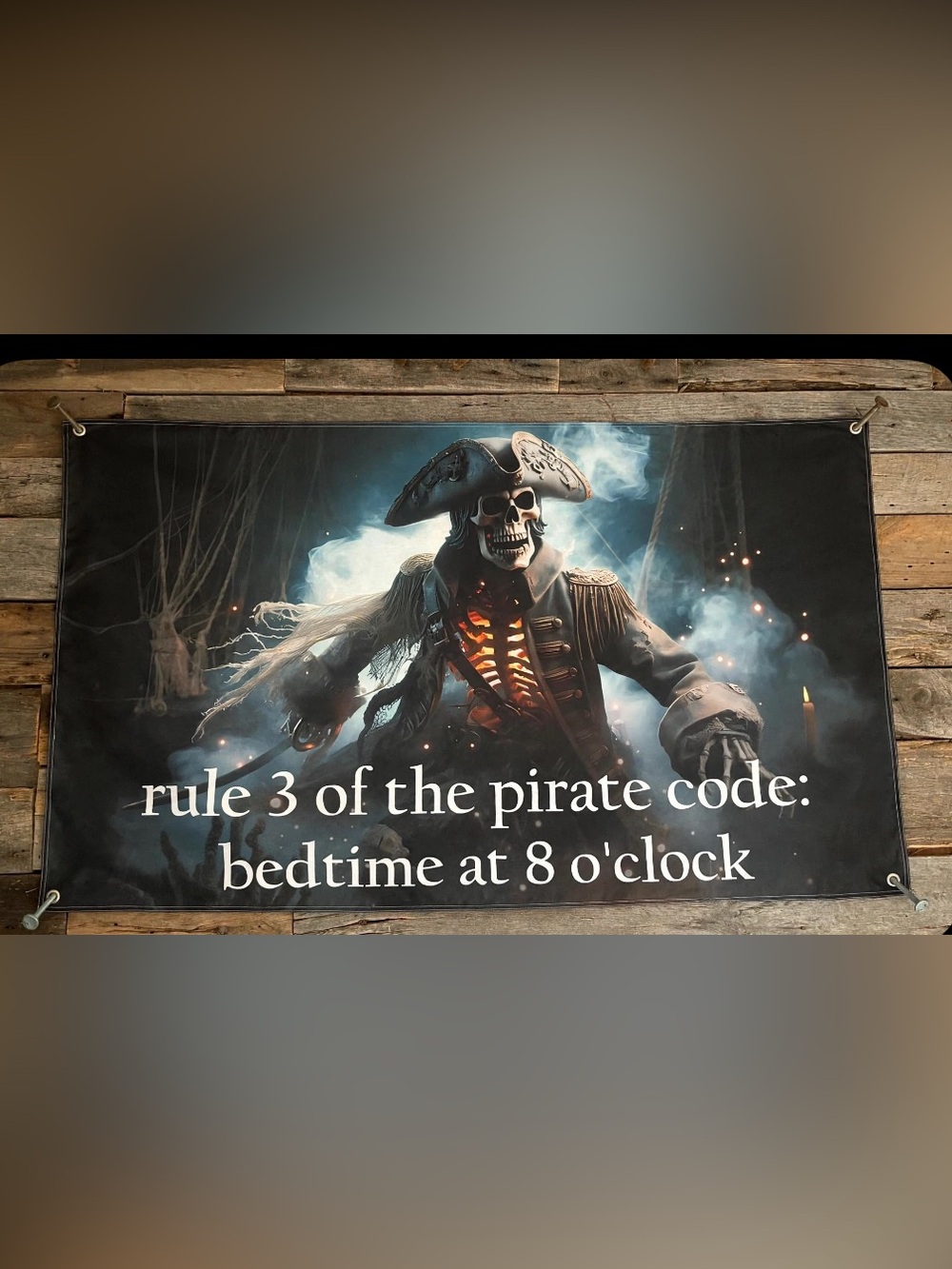 rule 3 of the pirate code bedtime at 8 o’clock flag banner Skeleton